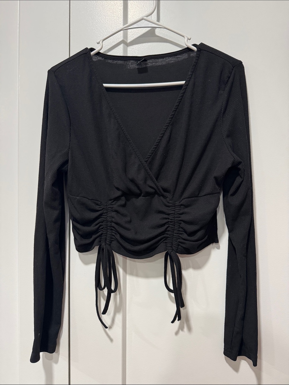 Long Sleeve Ruched Tie-Front Top - Black